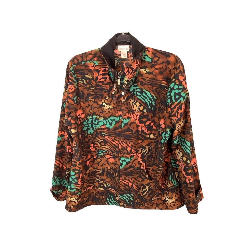 Zenergy by Chico's Womens Size 2 Zip Front Jacket Animal Print Brown Orange Teal